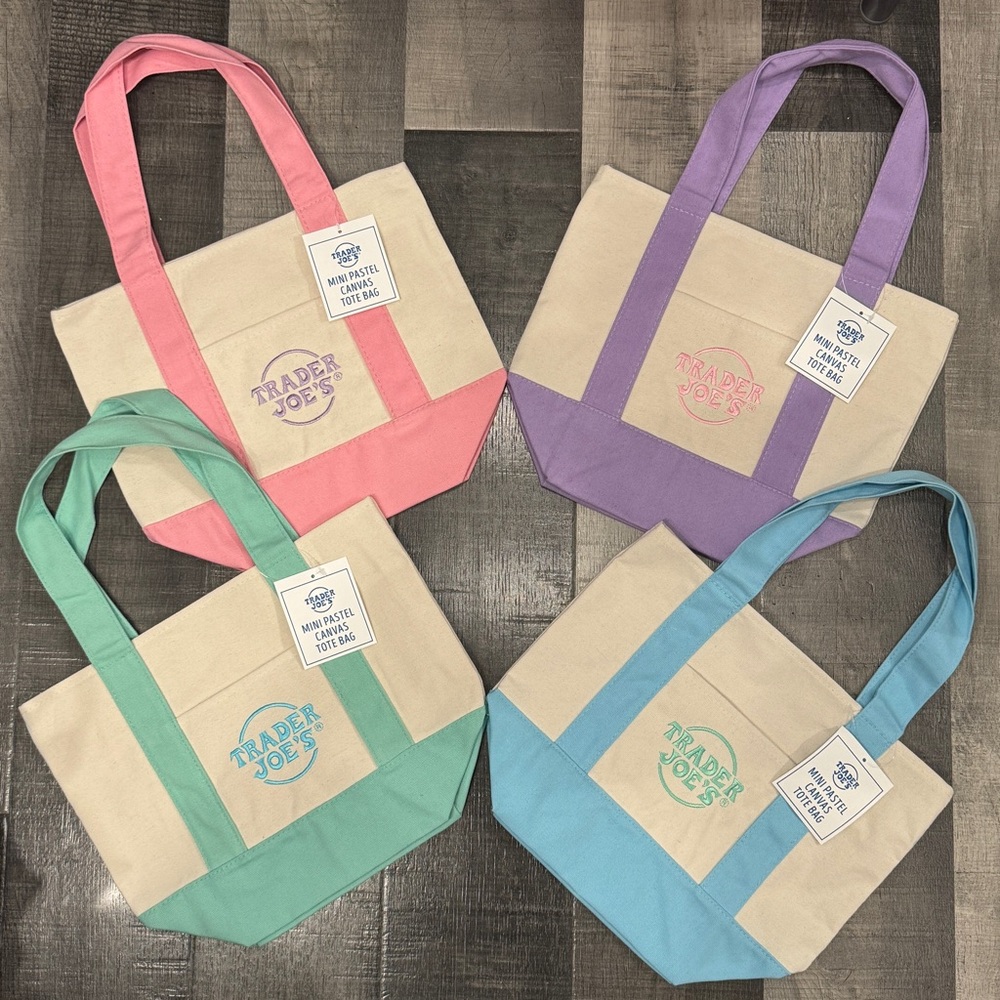 Trader Joes Mini Pastel Canvas Tote Bags Set of 4 (Pink, Lavender, Green, Blue)